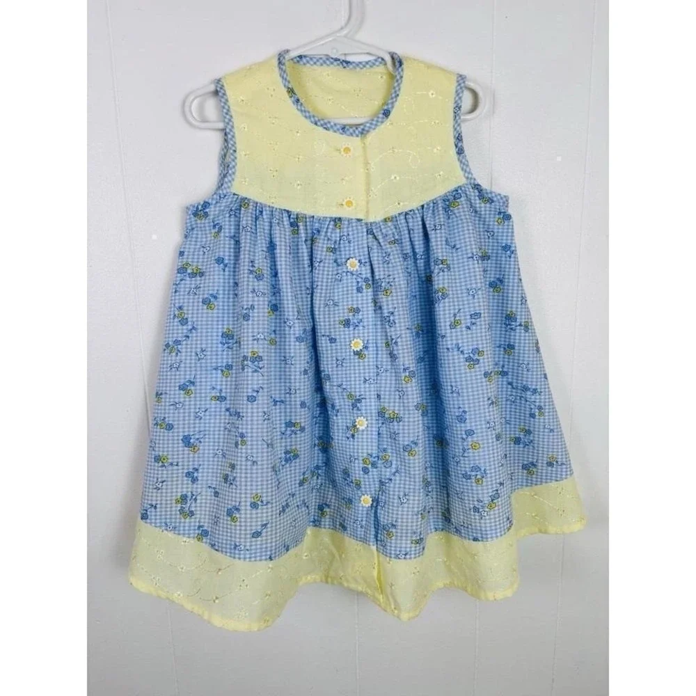 VTG 2000 Toddler Girls Handmade Size 2-3yrs Eyelet Floral Gingham‎ Sundress
